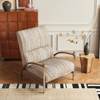 JASIWAY mid-century modern wood arm reclining accent chair featuring ergonomic push-back design, premium textured upholstery, and curved walnut-finish wooden armrests with stylish chrome metal accents for a sophisticated living room lounge experience.-High-angle view