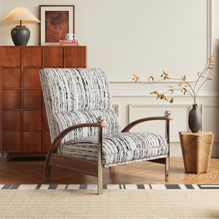 JASIWAY mid-century modern wood arm reclining accent chair featuring ergonomic push-back design, premium textured upholstery, and curved walnut-finish wooden armrests with stylish chrome metal accents for a sophisticated living room lounge experience.-Three-quarter view