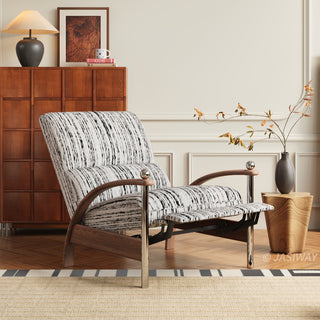 JASIWAY mid-century modern wood arm reclining accent chair featuring ergonomic push-back design, premium textured upholstery, and curved walnut-finish wooden armrests with stylish chrome metal accents for a sophisticated living room lounge experience.-Three-quarter view of push back function