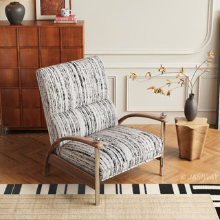 JASIWAY mid-century modern wood arm reclining accent chair featuring ergonomic push-back design, premium textured upholstery, and curved walnut-finish wooden armrests with stylish chrome metal accents for a sophisticated living room lounge experience.-High-angle view
