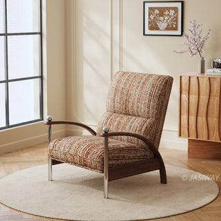 JASIWAY mid-century modern wood arm reclining accent chair featuring ergonomic push-back design, premium textured upholstery, and curved walnut-finish wooden armrests with stylish chrome metal accents for a sophisticated living room lounge experience.-Three-quarter view