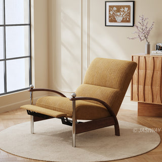 JASIWAY mid-century modern wood arm reclining accent chair featuring ergonomic push-back design, premium textured upholstery, and curved walnut-finish wooden armrests with stylish chrome metal accents for a sophisticated living room lounge experience.-Three-quarter view of push back function