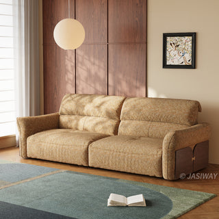 JASIWAY Japandi modern floor sofa bed with expandable deep seats, dual power reclining and textured fabric upholstery, featuring ergonomic low-profile design and wooden accents for versatile living room comfort. -Three-quarter view