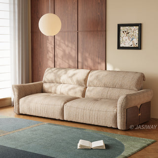 JASIWAY Japandi modern floor sofa bed with expandable deep seats, dual power reclining and textured fabric upholstery, featuring ergonomic low-profile design and wooden accents for versatile living room comfort. -Three-quarter view