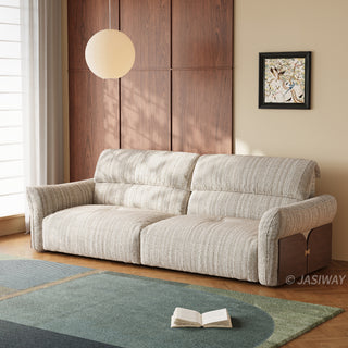JASIWAY Japandi modern floor sofa bed with expandable deep seats, dual power reclining and textured fabric upholstery, featuring ergonomic low-profile design and wooden accents for versatile living room comfort. -Three-quarter view