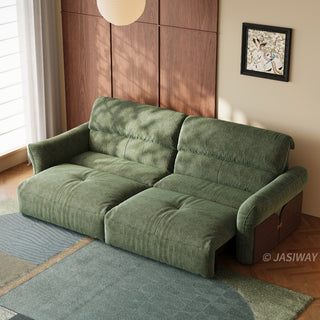 JASIWAY Japandi modern floor sofa bed with expandable deep seats, dual power reclining and textured fabric upholstery, featuring ergonomic low-profile design and wooden accents for versatile living room comfort. -High-angle view