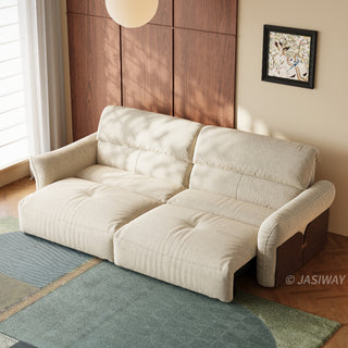JASIWAY Japandi modern floor sofa bed with expandable deep seats, dual power reclining and textured fabric upholstery, featuring ergonomic low-profile design and wooden accents for versatile living room comfort. -High-angle view