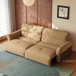 JASIWAY Japandi modern floor sofa bed with expandable deep seats, dual power reclining and textured fabric upholstery, featuring ergonomic low-profile design and wooden accents for versatile living room comfort. -High-angle view