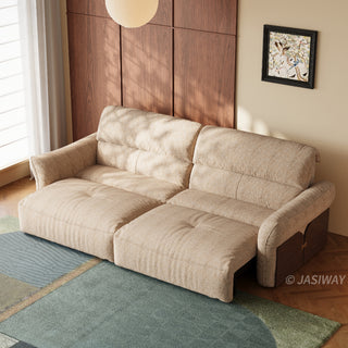 JASIWAY Japandi modern floor sofa bed with expandable deep seats, dual power reclining and textured fabric upholstery, featuring ergonomic low-profile design and wooden accents for versatile living room comfort. -High-angle view