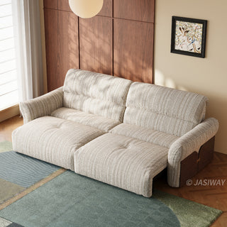 JASIWAY Japandi modern floor sofa bed with expandable deep seats, dual power reclining and textured fabric upholstery, featuring ergonomic low-profile design and wooden accents for versatile living room comfort. -High-angle view