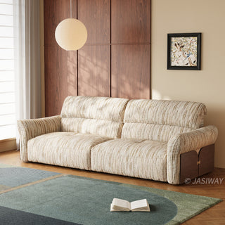 JASIWAY Japandi modern floor sofa bed with expandable deep seats, dual power reclining and textured fabric upholstery, featuring ergonomic low-profile design and wooden accents for versatile living room comfort. -Three-quarter view