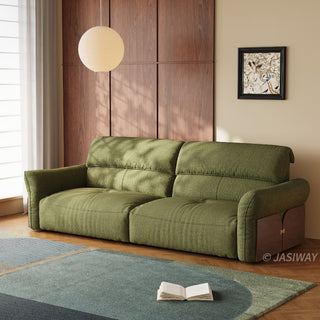 JASIWAY Japandi modern floor sofa bed with expandable deep seats, dual power reclining and textured fabric upholstery, featuring ergonomic low-profile design and wooden accents for versatile living room comfort. -Three-quarter view