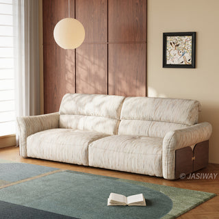 JASIWAY Japandi modern floor sofa bed with expandable deep seats, dual power reclining and textured fabric upholstery, featuring ergonomic low-profile design and wooden accents for versatile living room comfort. -Three-quarter view