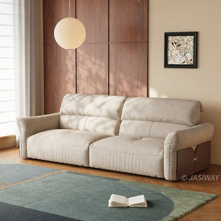JASIWAY Japandi modern floor sofa bed with expandable deep seats, dual power reclining and textured fabric upholstery, featuring ergonomic low-profile design and wooden accents for versatile living room comfort. -Three-quarter view