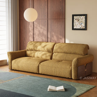 JASIWAY Japandi modern floor sofa bed with expandable deep seats, dual power reclining and textured fabric upholstery, featuring ergonomic low-profile design and wooden accents for versatile living room comfort. -Three-quarter view