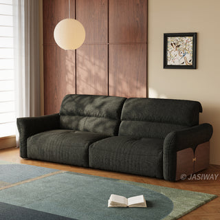 JASIWAY Japandi modern floor sofa bed with expandable deep seats, dual power reclining and textured fabric upholstery, featuring ergonomic low-profile design and wooden accents for versatile living room comfort. -Three-quarter view