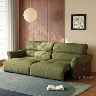 JASIWAY Japandi modern floor sofa bed with expandable deep seats, dual power reclining and textured fabric upholstery, featuring ergonomic low-profile design and wooden accents for versatile living room comfort. -Three-quarter view