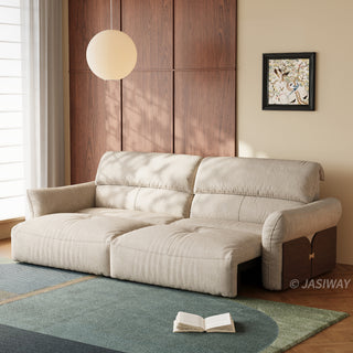 JASIWAY Japandi modern floor sofa bed with expandable deep seats, dual power reclining and textured fabric upholstery, featuring ergonomic low-profile design and wooden accents for versatile living room comfort. -Three-quarter view