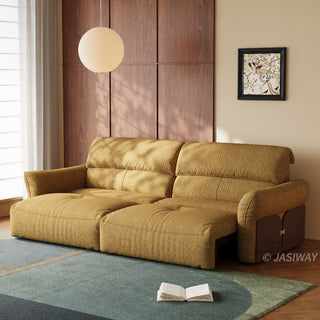 JASIWAY Japandi modern floor sofa bed with expandable deep seats, dual power reclining and textured fabric upholstery, featuring ergonomic low-profile design and wooden accents for versatile living room comfort. -Three-quarter view