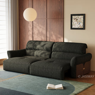 JASIWAY Japandi modern floor sofa bed with expandable deep seats, dual power reclining and textured fabric upholstery, featuring ergonomic low-profile design and wooden accents for versatile living room comfort. -Three-quarter view