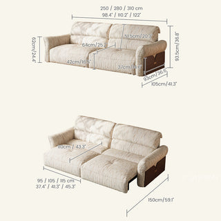 JASIWAY Japandi modern floor sofa bed with expandable deep seats, dual power reclining and textured fabric upholstery, featuring ergonomic low-profile design and wooden accents for versatile living room comfort. -Dimensions chart