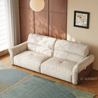 JASIWAY Japandi modern floor sofa bed with expandable deep seats, dual power reclining and textured fabric upholstery, featuring ergonomic low-profile design and wooden accents for versatile living room comfort. -High-angle view of sofa mode
