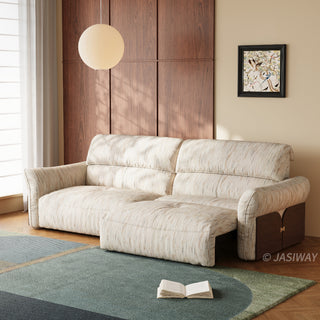 JASIWAY Japandi modern floor sofa bed with expandable deep seats, dual power reclining and textured fabric upholstery, featuring ergonomic low-profile design and wooden accents for versatile living room comfort. -Three-quarter view of chaise lounge mode