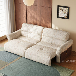 JASIWAY Japandi modern floor sofa bed with expandable deep seats, dual power reclining and textured fabric upholstery, featuring ergonomic low-profile design and wooden accents for versatile living room comfort. -High-angle view