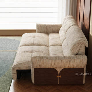 JASIWAY Japandi modern floor sofa bed with expandable deep seats, dual power reclining and textured fabric upholstery, featuring ergonomic low-profile design and wooden accents for versatile living room comfort. -Side view