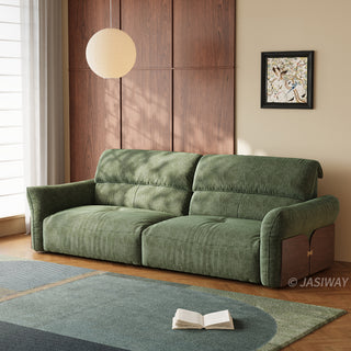 JASIWAY Japandi modern floor sofa bed with expandable deep seats, dual power reclining and textured fabric upholstery, featuring ergonomic low-profile design and wooden accents for versatile living room comfort. -Three-quarter view