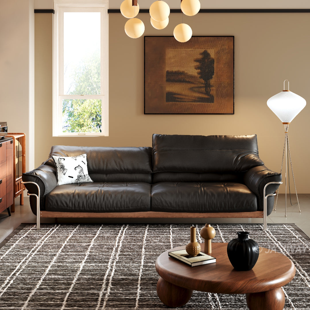 JASIWAY Modern Black Top-Grain Leather Sofa with Adjustable Headrests