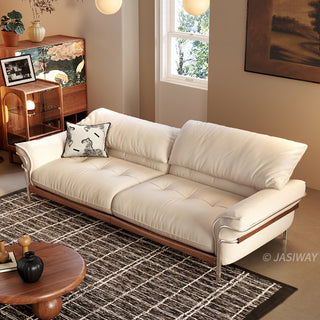 JASIWAY modern black top-grain leather sofa with adjustable headrests, luxury 3-seater couch featuring premium genuine leather upholstery, ergonomic cushioning, and sturdy wooden frame for a high-end living room aesthetic.-High-angle view