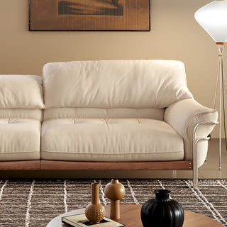 JASIWAY modern black top-grain leather sofa with adjustable headrests, luxury 3-seater couch featuring premium genuine leather upholstery, ergonomic cushioning, and sturdy wooden frame for a high-end living room aesthetic.-Close-up