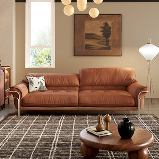 JASIWAY modern black top-grain leather sofa with adjustable headrests, luxury 3-seater couch featuring premium genuine leather upholstery, ergonomic cushioning, and sturdy wooden frame for a high-end living room aesthetic.-Front view