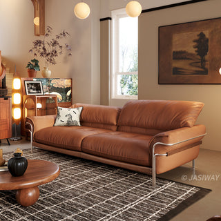 JASIWAY modern black top-grain leather sofa with adjustable headrests, luxury 3-seater couch featuring premium genuine leather upholstery, ergonomic cushioning, and sturdy wooden frame for a high-end living room aesthetic.-Three-quarter view