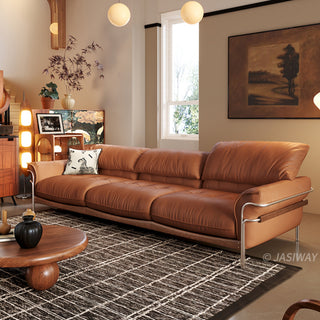 JASIWAY modern black top-grain leather sofa with adjustable headrests, luxury 3-seater couch featuring premium genuine leather upholstery, ergonomic cushioning, and sturdy wooden frame for a high-end living room aesthetic.-Three-quarter view