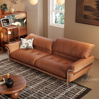 JASIWAY modern black top-grain leather sofa with adjustable headrests, luxury 3-seater couch featuring premium genuine leather upholstery, ergonomic cushioning, and sturdy wooden frame for a high-end living room aesthetic.-High-angle view