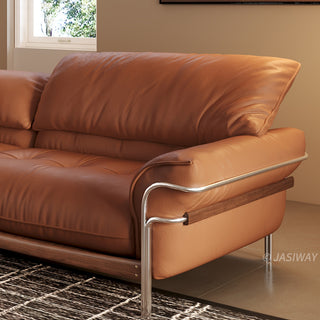 JASIWAY modern black top-grain leather sofa with adjustable headrests, luxury 3-seater couch featuring premium genuine leather upholstery, ergonomic cushioning, and sturdy wooden frame for a high-end living room aesthetic.-Armrest close-up