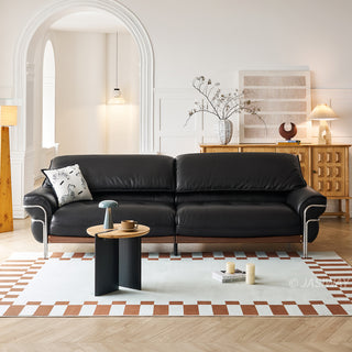 JASIWAY modern black top-grain leather sofa with adjustable headrests, luxury 3-seater couch featuring premium genuine leather upholstery, ergonomic cushioning, and sturdy wooden frame for a high-end living room aesthetic.-Front view