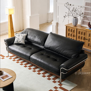 JASIWAY modern black top-grain leather sofa with adjustable headrests, luxury 3-seater couch featuring premium genuine leather upholstery, ergonomic cushioning, and sturdy wooden frame for a high-end living room aesthetic.-High-angle view