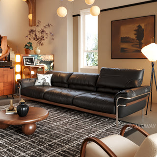 JASIWAY modern black top-grain leather sofa with adjustable headrests, luxury 3-seater couch featuring premium genuine leather upholstery, ergonomic cushioning, and sturdy wooden frame for a high-end living room aesthetic.-Three-quarter view