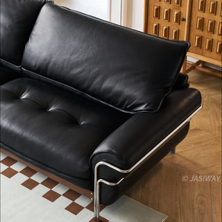 JASIWAY modern black top-grain leather sofa with adjustable headrests, luxury 3-seater couch featuring premium genuine leather upholstery, ergonomic cushioning, and sturdy wooden frame for a high-end living room aesthetic.-Close-up of backrest &  cushion