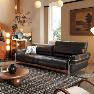 JASIWAY modern black top-grain leather sofa with adjustable headrests, luxury 3-seater couch featuring premium genuine leather upholstery, ergonomic cushioning, and sturdy wooden frame for a high-end living room aesthetic.-Three-quarter view