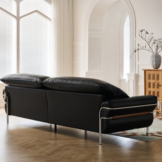 JASIWAY modern black top-grain leather sofa with adjustable headrests, luxury 3-seater couch featuring premium genuine leather upholstery, ergonomic cushioning, and sturdy wooden frame for a high-end living room aesthetic.-Back view
