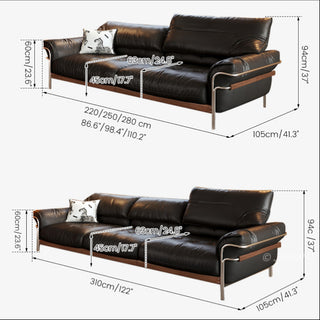 JASIWAY modern black top-grain leather sofa with adjustable headrests, luxury 3-seater couch featuring premium genuine leather upholstery, ergonomic cushioning, and sturdy wooden frame for a high-end living room aesthetic.-Dimensions chart