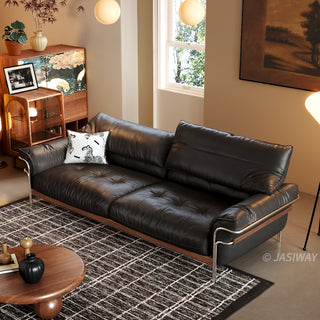 JASIWAY modern black top-grain leather sofa with adjustable headrests, luxury 3-seater couch featuring premium genuine leather upholstery, ergonomic cushioning, and sturdy wooden frame for a high-end living room aesthetic.-High-angle view