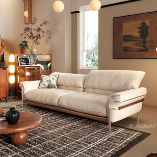 JASIWAY modern black top-grain leather sofa with adjustable headrests, luxury 3-seater couch featuring premium genuine leather upholstery, ergonomic cushioning, and sturdy wooden frame for a high-end living room aesthetic.-Three-quarter view