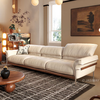 JASIWAY modern black top-grain leather sofa with adjustable headrests, luxury 3-seater couch featuring premium genuine leather upholstery, ergonomic cushioning, and sturdy wooden frame for a high-end living room aesthetic.-Three-quarter view