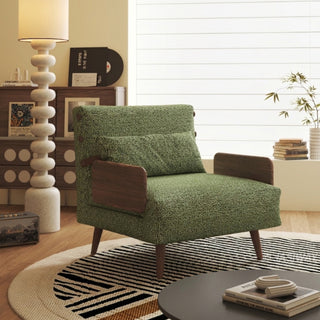 JASIWAY modern convertible lounge chair bed featuring rich moss green dual-tone bouclé tweed upholstery, structured accent pillow, and warm walnut-toned wooden armrests. Showcasing the multifunctional accent chair with an adjustable backrest and tapered wooden legs in its upright armchair configuration.-Three quarter view