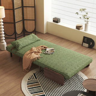 JASIWAY modern convertible lounge chair bed featuring rich moss green dual-tone bouclé tweed upholstery, structured accent pillow, and warm walnut-toned wooden armrests. Showcasing the multifunctional accent chair with an adjustable backrest and tapered wooden legs in its upright armchair configuration.-High-angle view with bed mode